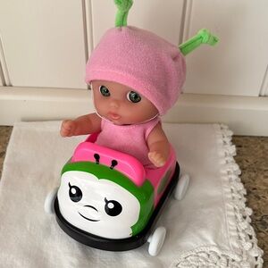Lil’ Cutesies Pink Baby Doll with Pink & Green Ride-On Toy Car. Like New!